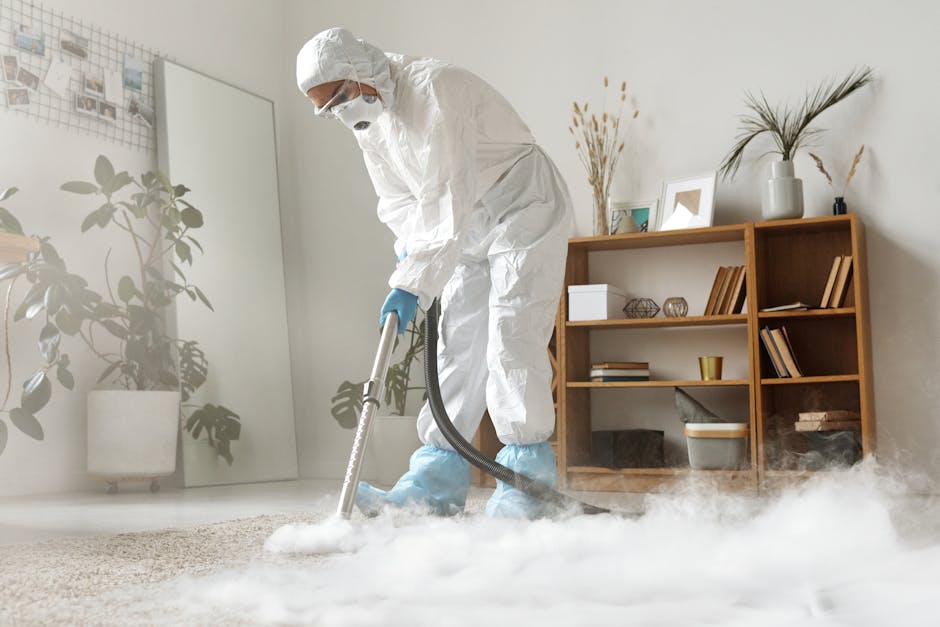 A professional cleaner wearing a full white protective suit, mask, and blue gloves is performing surface cleaning on a light-colored carpet in a modern living room. The cleaner is using a steam cleaning machine connected with a black hose, emitting steam and steam vapor onto the carpet. The room is well-lit with natural light, and features a wooden bookshelf with various decorative items, including framed photos, books, and vases with tall dried plants. There is a large potted plant near the wall, and the space appears very clean and freshly sanitized, exemplifying deep cleaning and sanitisation services provided by Carpet Cleaning SE10. The scene emphasizes hygienic maintenance of domestic spaces, with a focus on carpet and surface deep cleaning.