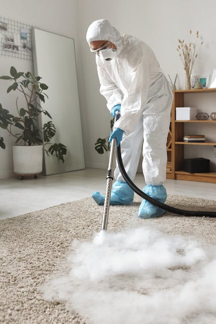 A professional cleaner wearing a full white protective suit, mask, and blue gloves is performing surface cleaning on a light-colored carpet in a modern living room. The cleaner is using a steam cleaning machine connected with a black hose, emitting steam and steam vapor onto the carpet. The room is well-lit with natural light, and features a wooden bookshelf with various decorative items, including framed photos, books, and vases with tall dried plants. There is a large potted plant near the wall, and the space appears very clean and freshly sanitized, exemplifying deep cleaning and sanitisation services provided by Carpet Cleaning SE10. The scene emphasizes hygienic maintenance of domestic spaces, with a focus on carpet and surface deep cleaning.